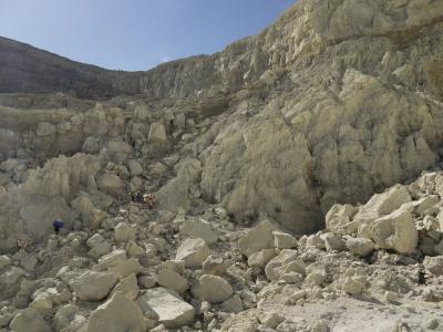 Sulphur mine in the Merapi volcano crater on the Ijen Plateau