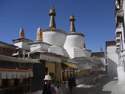 Memorial stupas with prayer wheels at Shigatse monastery, Tibet