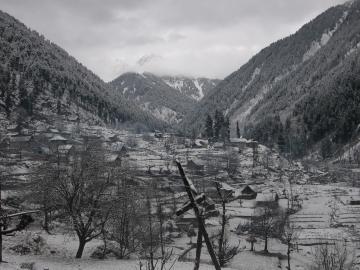 View of the village in the snow